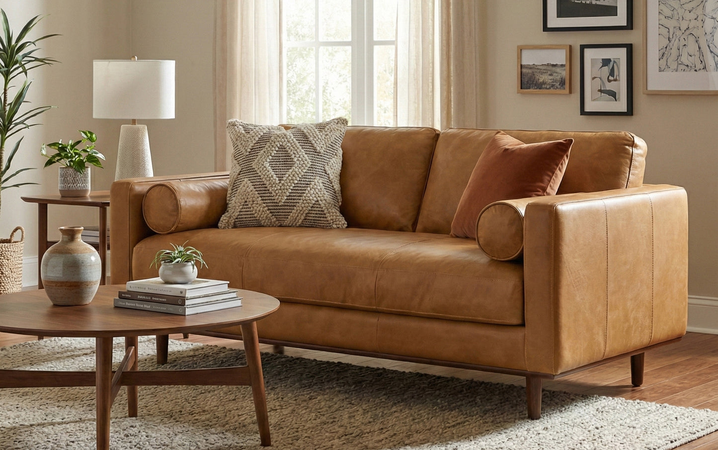 Sienna Genuine Top Grain Leather | Morrison 72 inch Mid Century Sofa in Genuine Leather