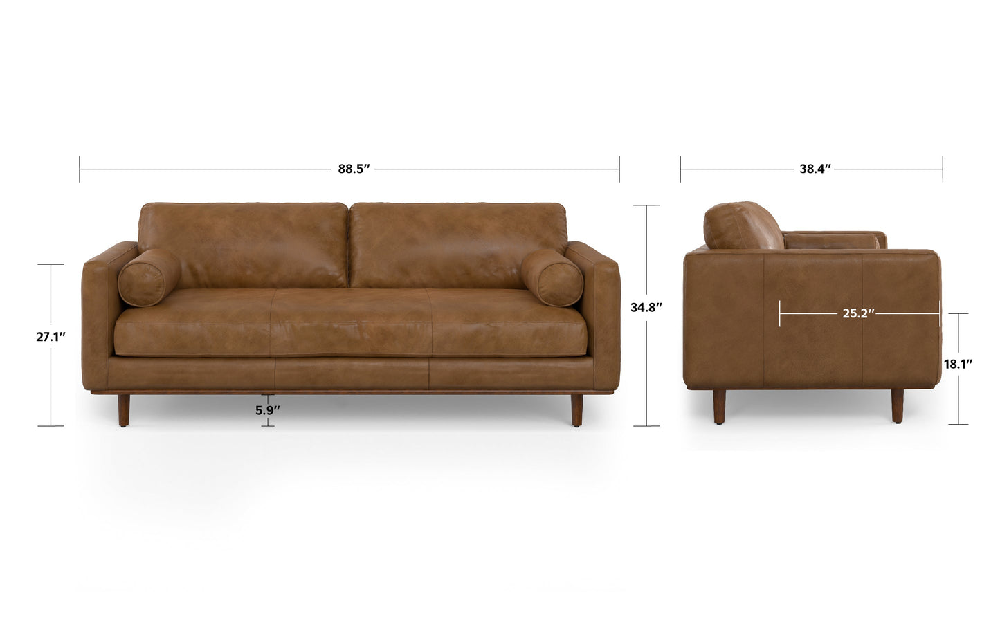 Caramel Brown Genuine Top Grain Leather | Morrison 89 inch Mid Century Sofa Genuine Leather
