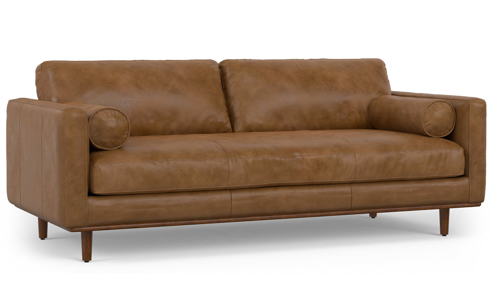 Caramel Brown Genuine Top Grain Leather | Morrison 89 inch Mid Century Sofa Genuine Leather