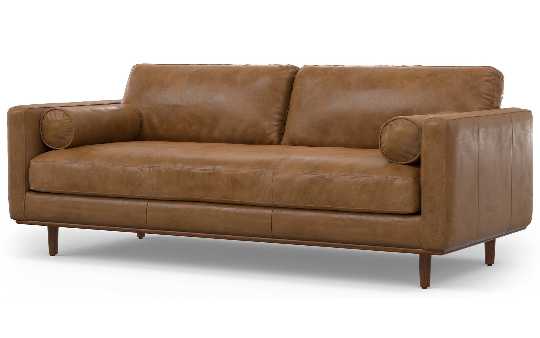 Caramel Brown Genuine Top Grain Leather | Morrison 89 inch Mid Century Sofa Genuine Leather