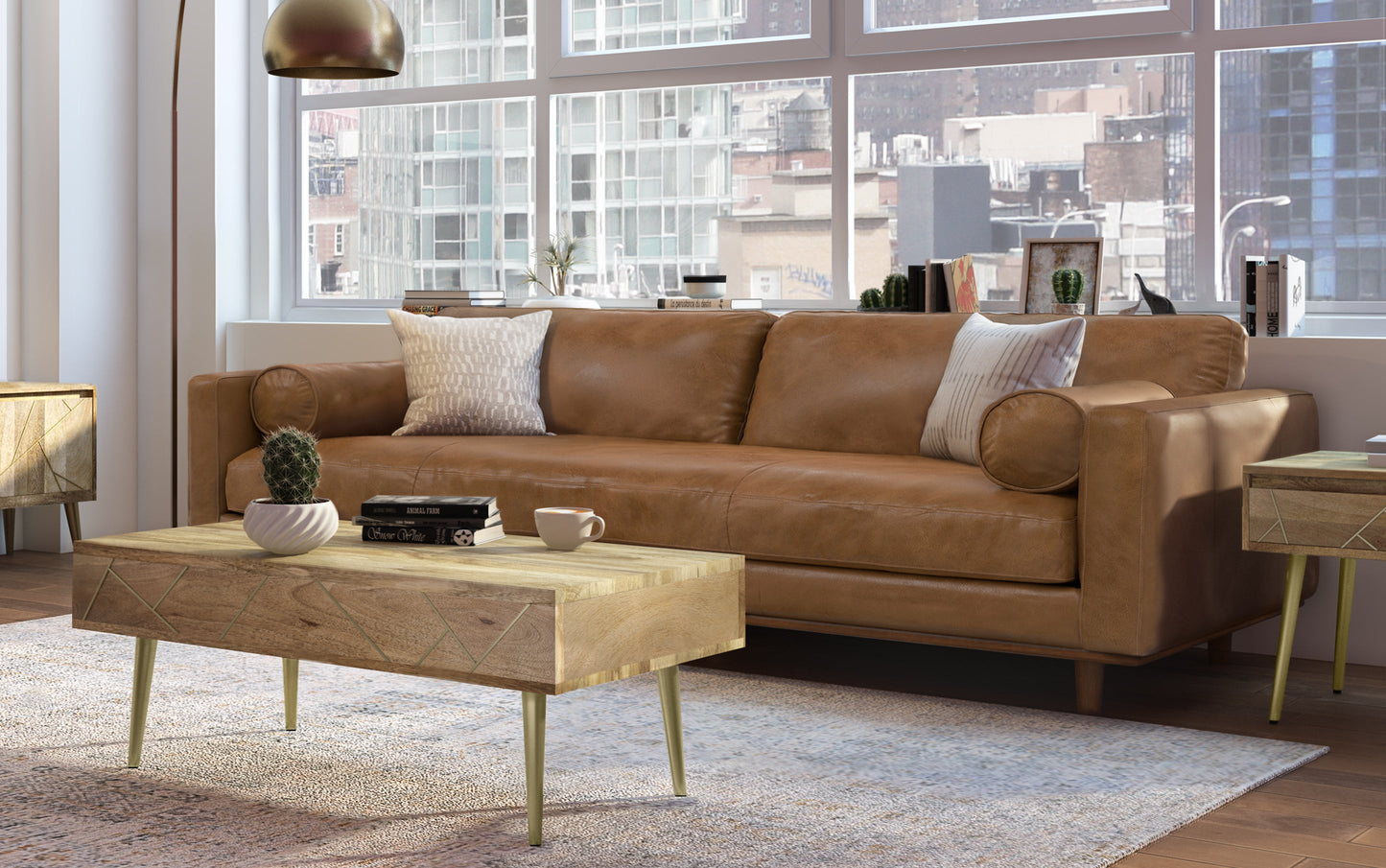 Caramel Brown Genuine Top Grain Leather | Morrison 89 inch Mid Century Sofa Genuine Leather