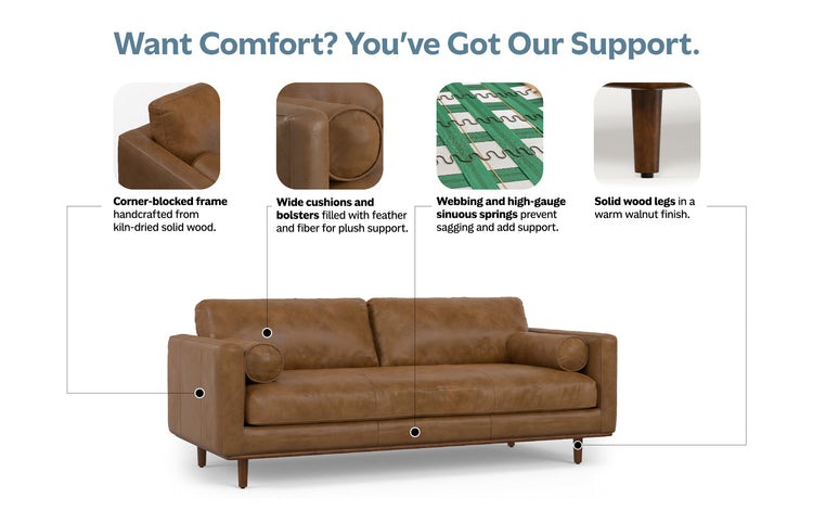 Caramel Brown Genuine Top Grain Leather | Morrison 89 inch Mid Century Sofa Genuine Leather