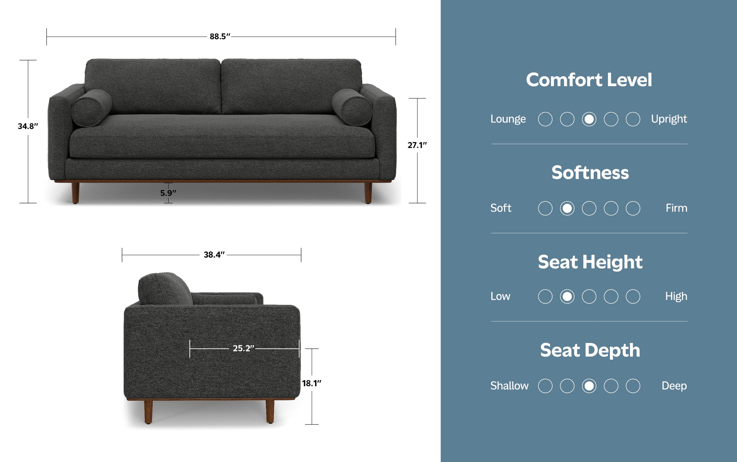 Charcoal Grey Woven-Blend Fabric | Morrison 88.5 inch Mid Century Sofa