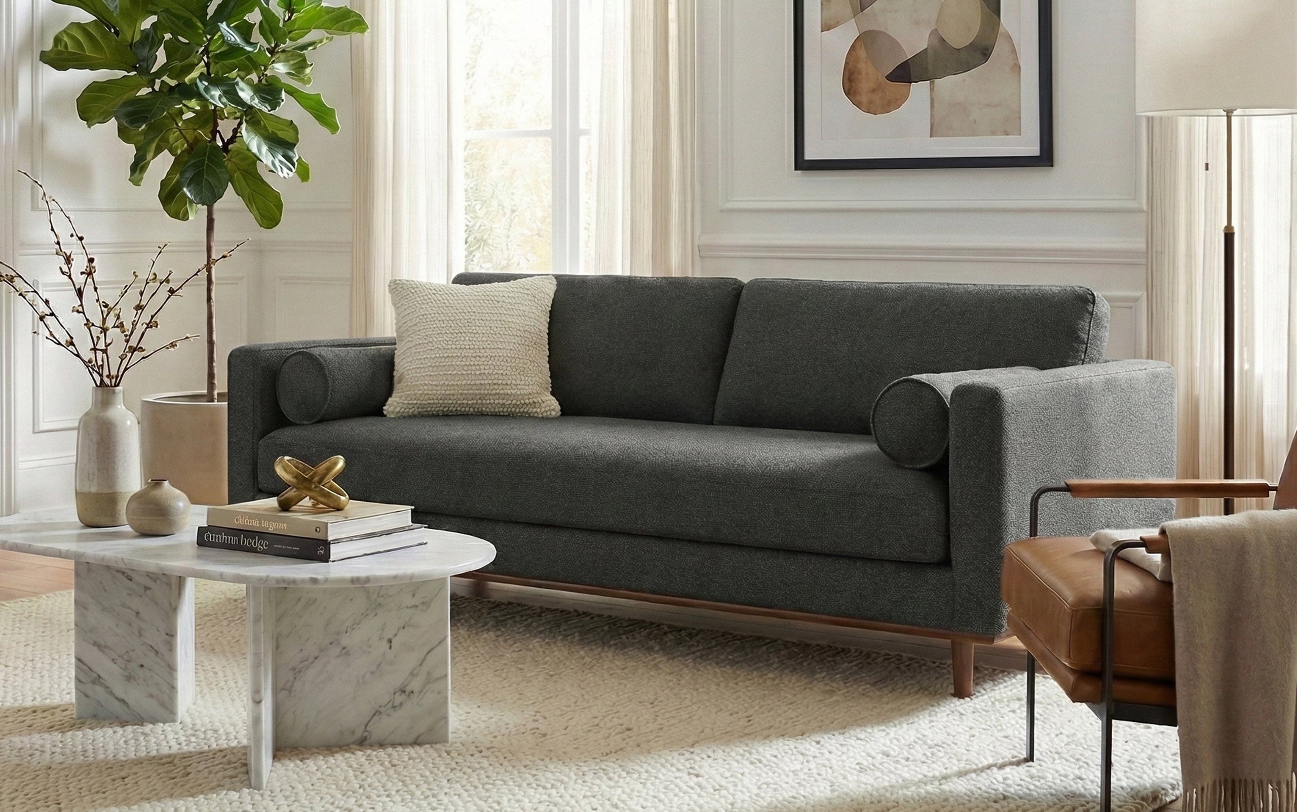 Charcoal Grey Woven-Blend Fabric | Morrison 88.5 inch Mid Century Sofa