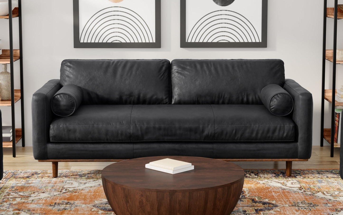 Lead Black Genuine Top Grain Leather | Morrison 89 inch Mid Century Sofa Genuine Leather