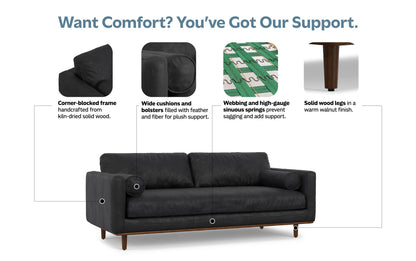 Lead Black Genuine Top Grain Leather | Morrison 89 inch Mid Century Sofa Genuine Leather