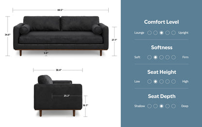 Lead Black Genuine Top Grain Leather | Morrison 89 inch Mid Century Sofa Genuine Leather
