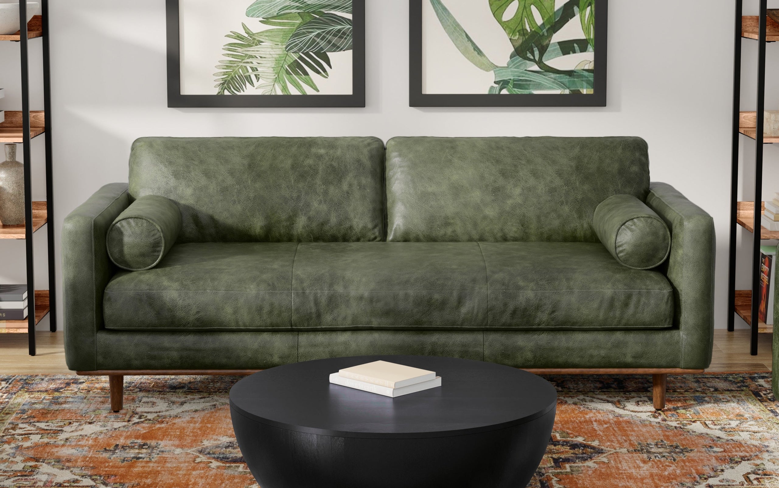 Moss Green Genuine Top Grain Leather | Morrison 89 inch Mid Century Sofa Genuine Leather