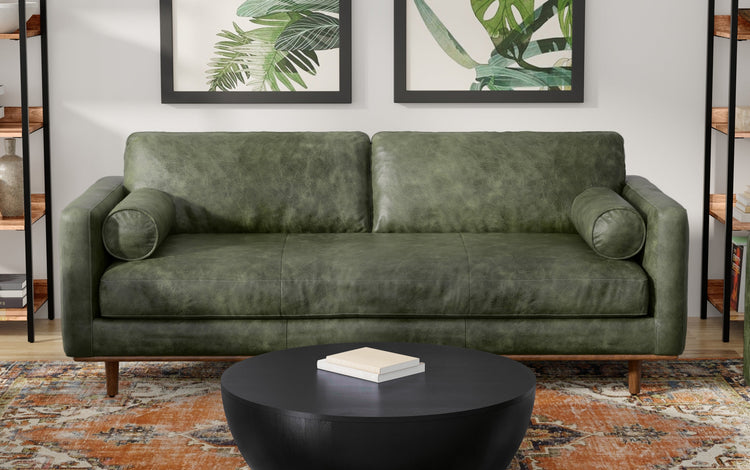 Moss Green Genuine Top Grain Leather | Morrison 89 inch Mid Century Sofa Genuine Leather