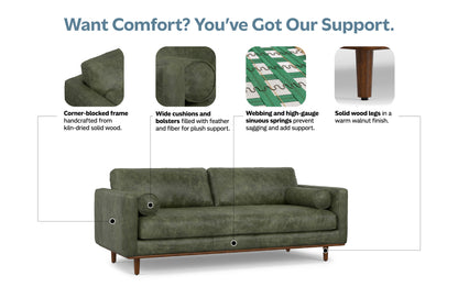 Moss Green Genuine Top Grain Leather | Morrison 89 inch Mid Century Sofa Genuine Leather