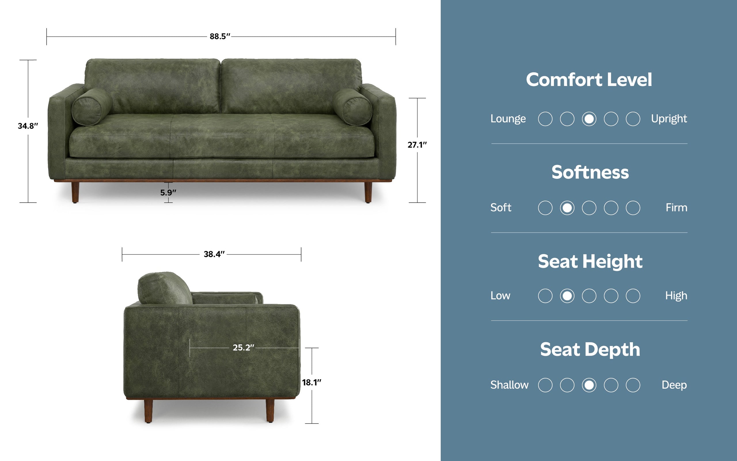 Moss Green Genuine Top Grain Leather | Morrison 89 inch Mid Century Sofa Genuine Leather