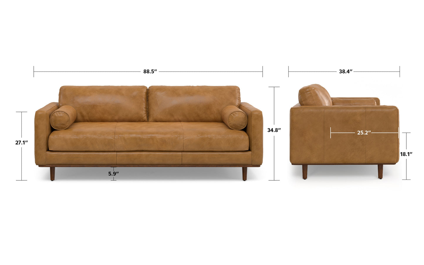 Sienna Genuine Top Grain Leather | Morrison 89 inch Mid Century Sofa Genuine Leather