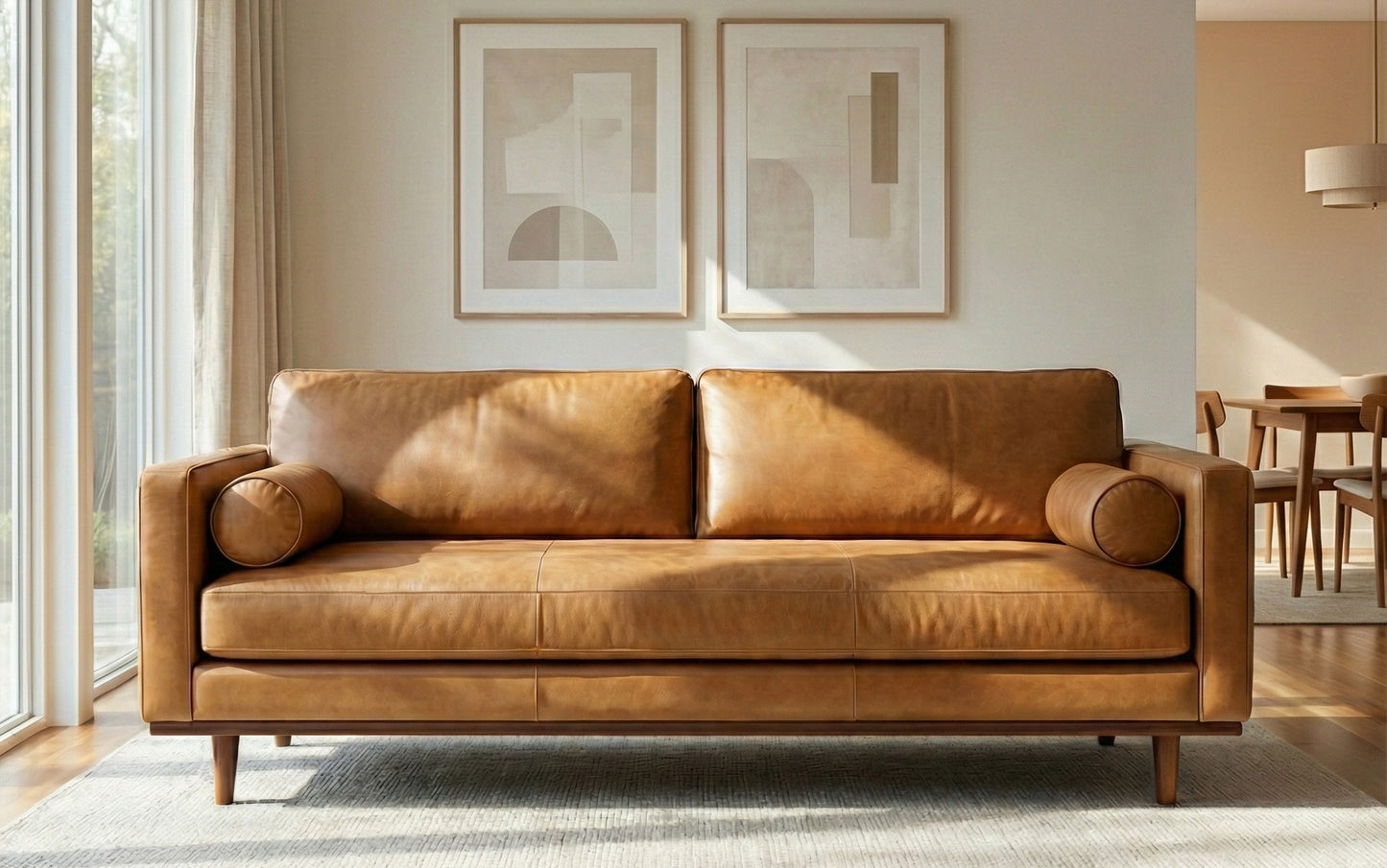 Sienna Genuine Top Grain Leather | Morrison 89 inch Mid Century Sofa Genuine Leather