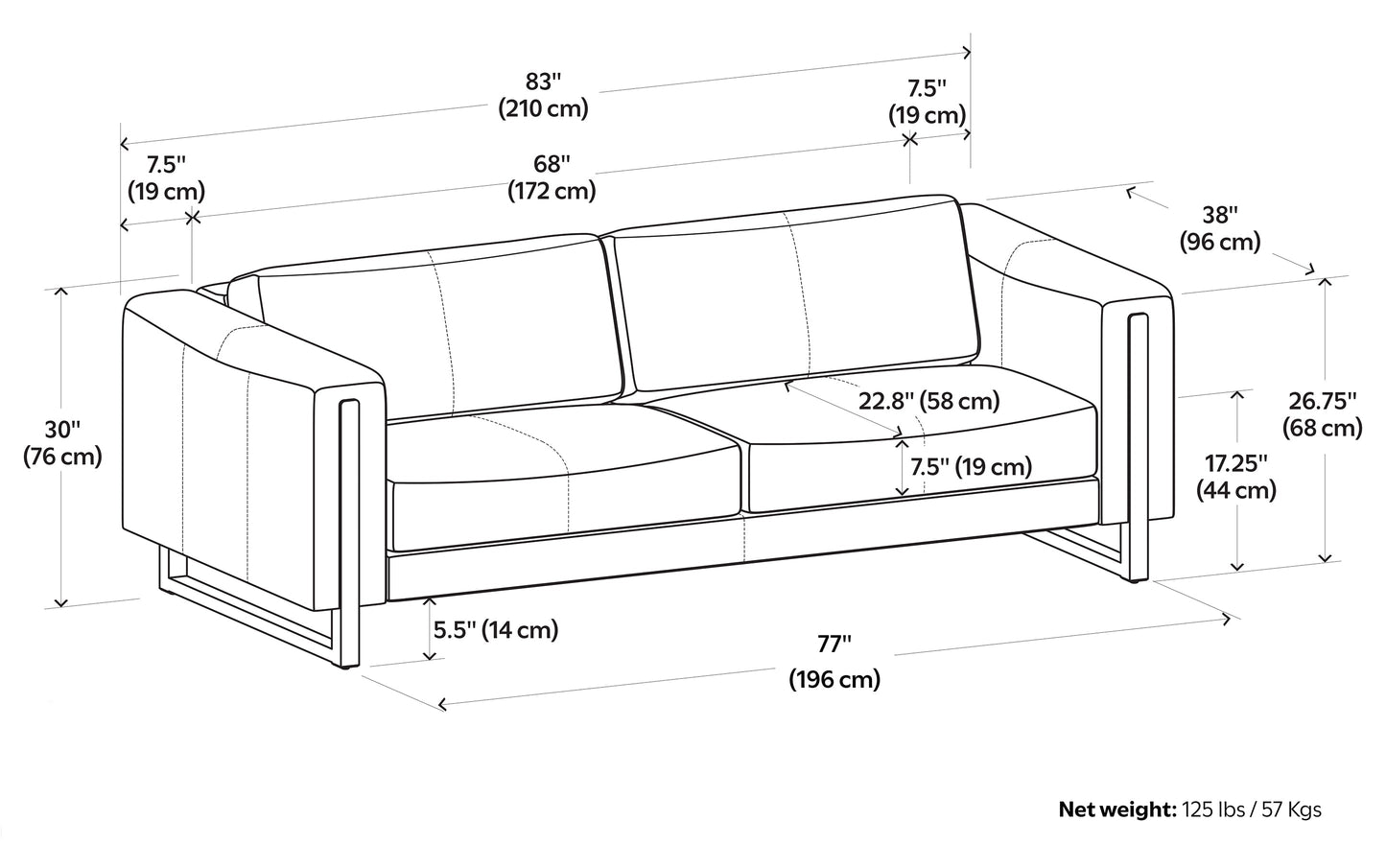 Light Smoke Grey Genuine Leather | Richard 83 inch Sofa in Genuine Leather