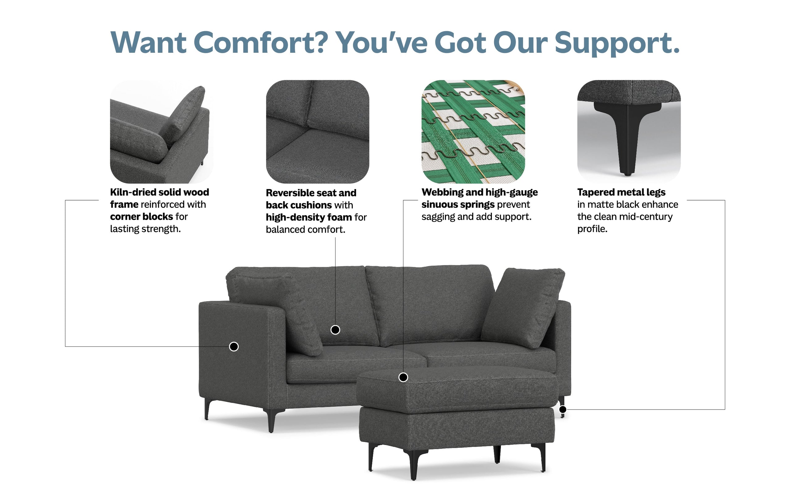 Pebble Grey Performance Fabric | Ava 76 inch Mid Century Sofa with Ottoman Set