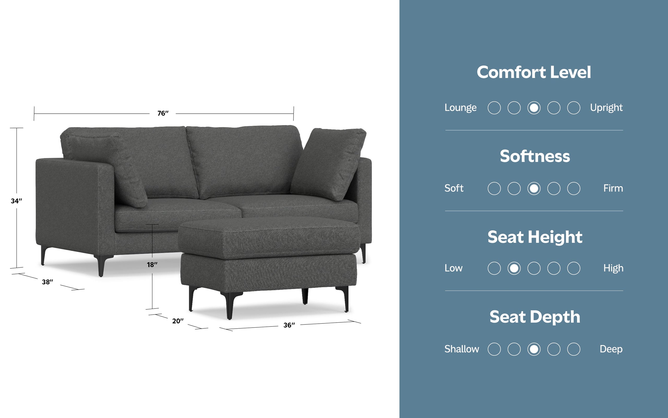 Pebble Grey Performance Fabric | Ava 76 inch Mid Century Sofa with Ottoman Set