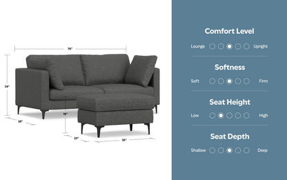 Pebble Grey Performance Fabric | Ava 76 inch Mid Century Sofa with Ottoman Set