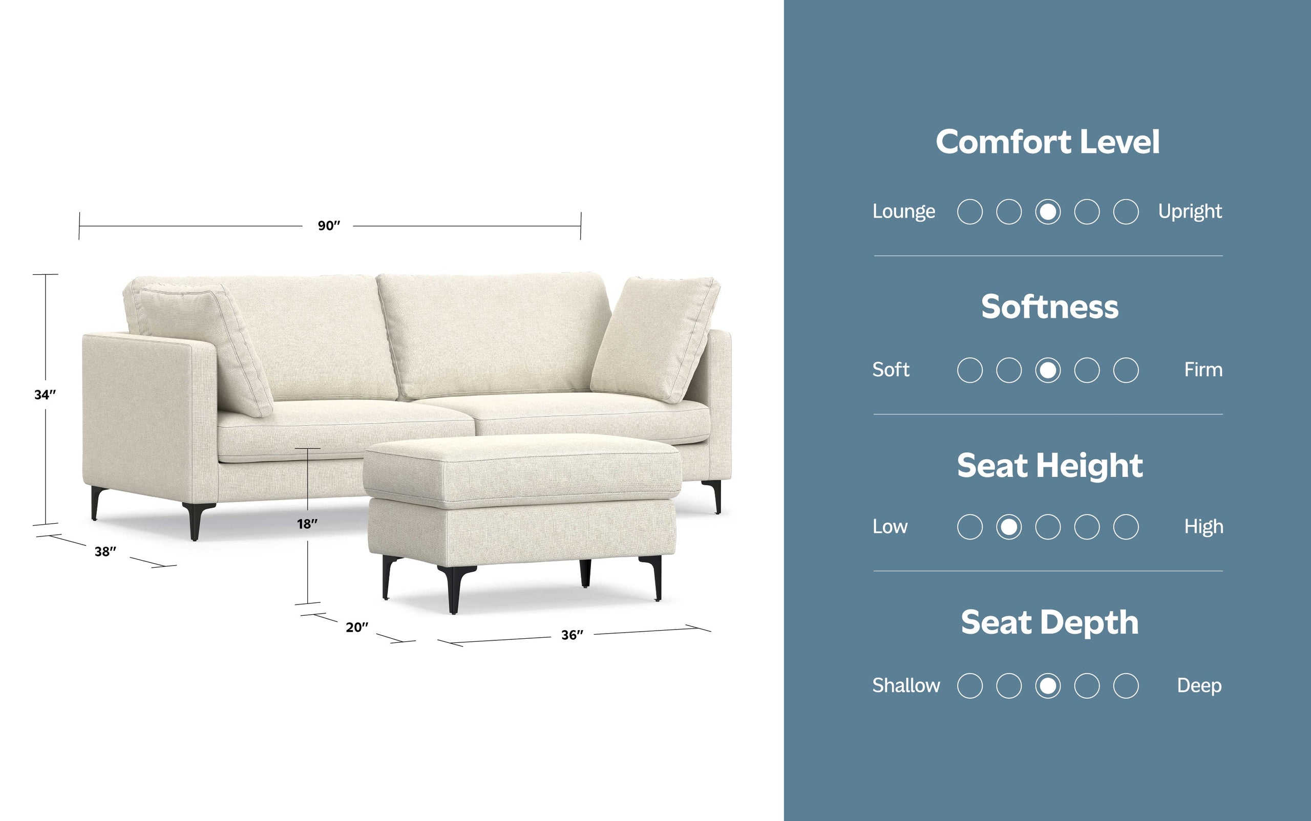 Cream Performance Fabric | Ava 90 inch Mid Century Sofa with Ottoman Set