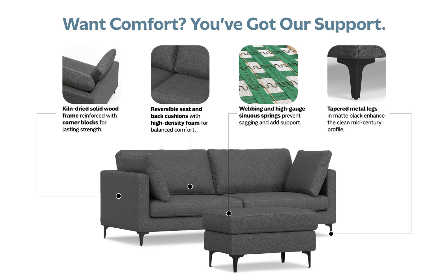 Pebble Grey Performance Fabric | Ava 90 inch Mid Century Sofa with Ottoman Set
