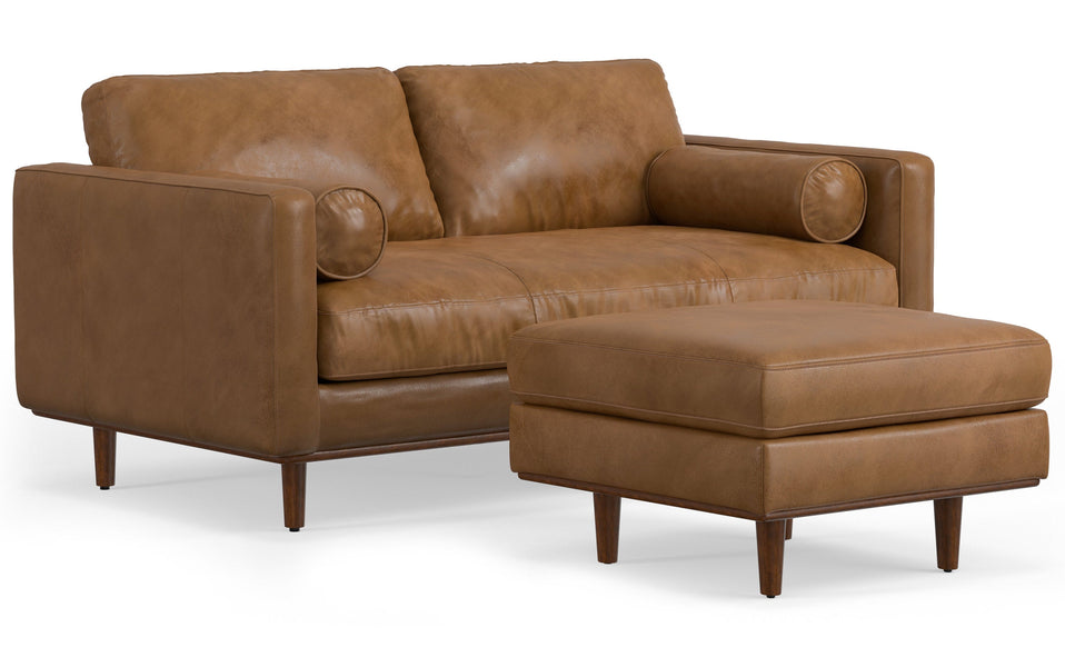 Caramel Brown Genuine Top Grain Leather | Morrison 72-inch Sofa and Ottoman Set in Genuine Leather