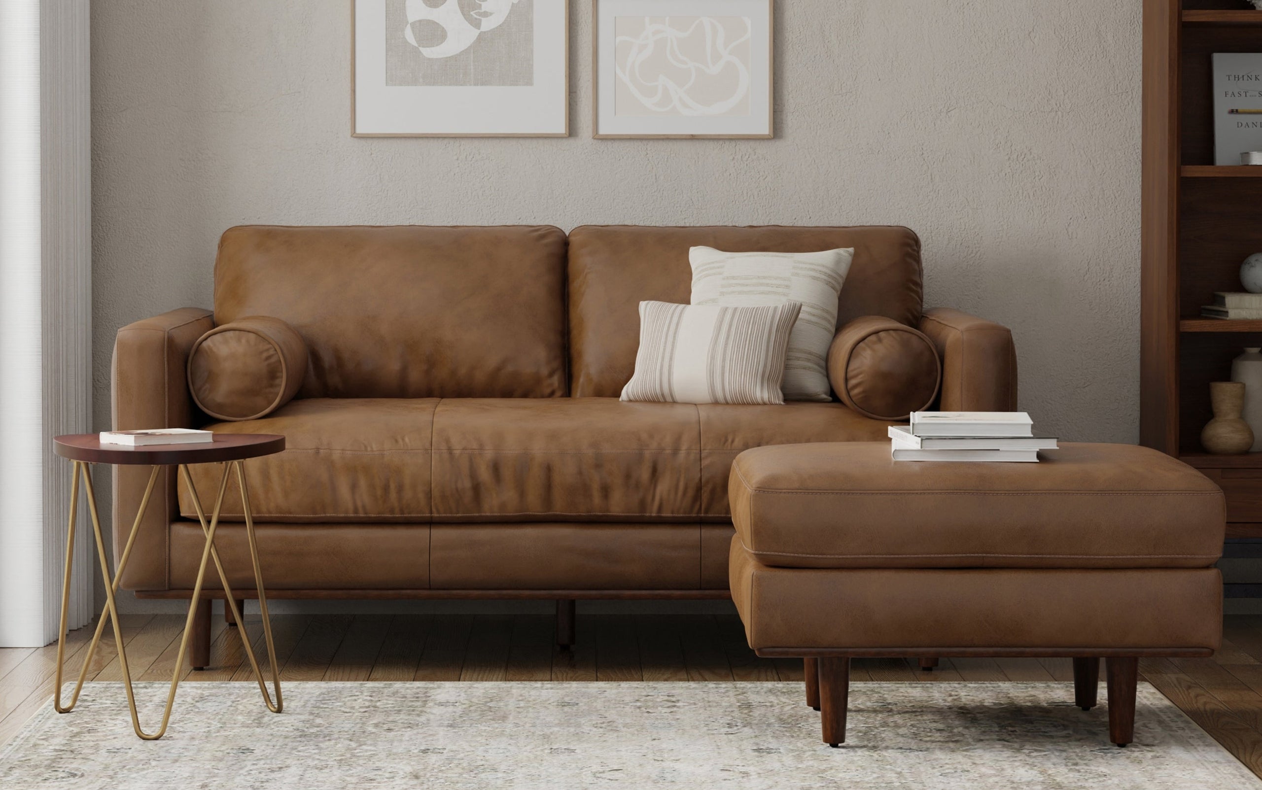 Caramel Brown Genuine Top Grain Leather | Morrison 72-inch Sofa and Ottoman Set in Genuine Leather