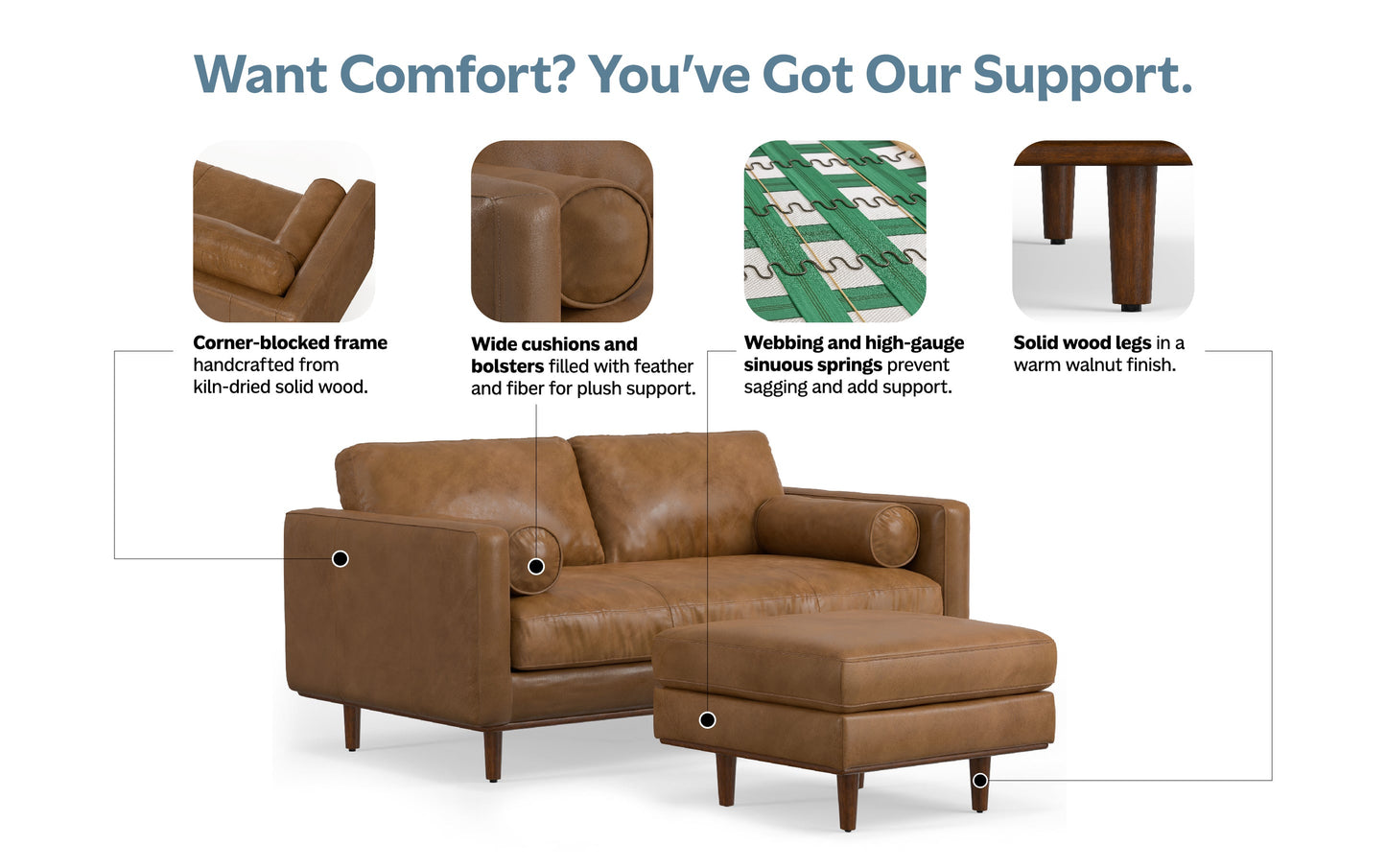 Caramel Brown Genuine Top Grain Leather | Morrison 72-inch Sofa and Ottoman Set in Genuine Leather