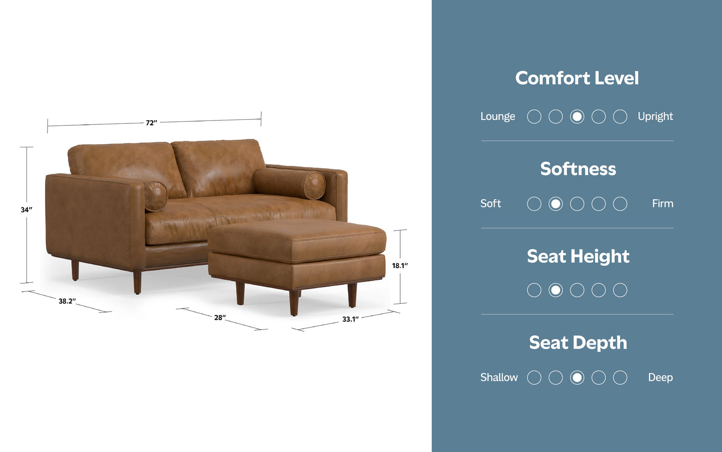 Caramel Brown Genuine Top Grain Leather | Morrison 72-inch Sofa and Ottoman Set in Genuine Leather