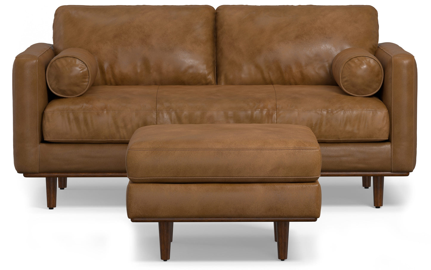 Caramel Brown Genuine Top Grain Leather | Morrison 72-inch Sofa and Ottoman Set in Genuine Leather