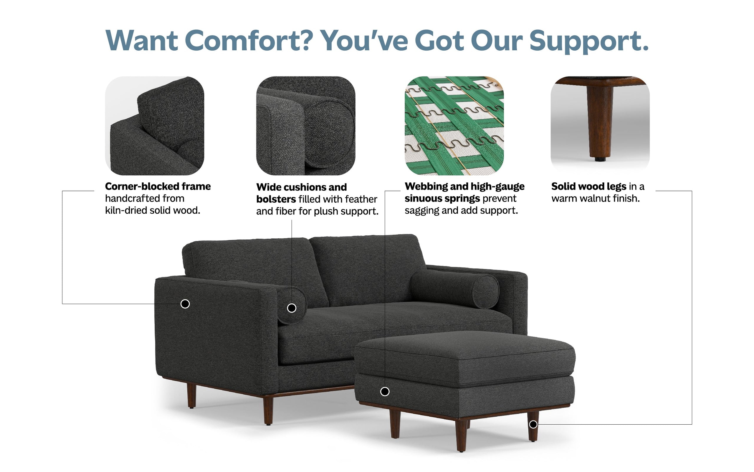 Charcoal Grey Woven-Blend Fabric | Morrison 72-inch Sofa and Ottoman Set in Woven-Blend Fabric