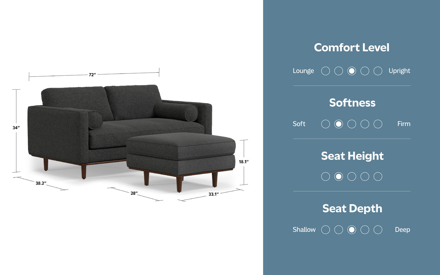 Charcoal Grey Woven-Blend Fabric | Morrison 72-inch Sofa and Ottoman Set in Woven-Blend Fabric