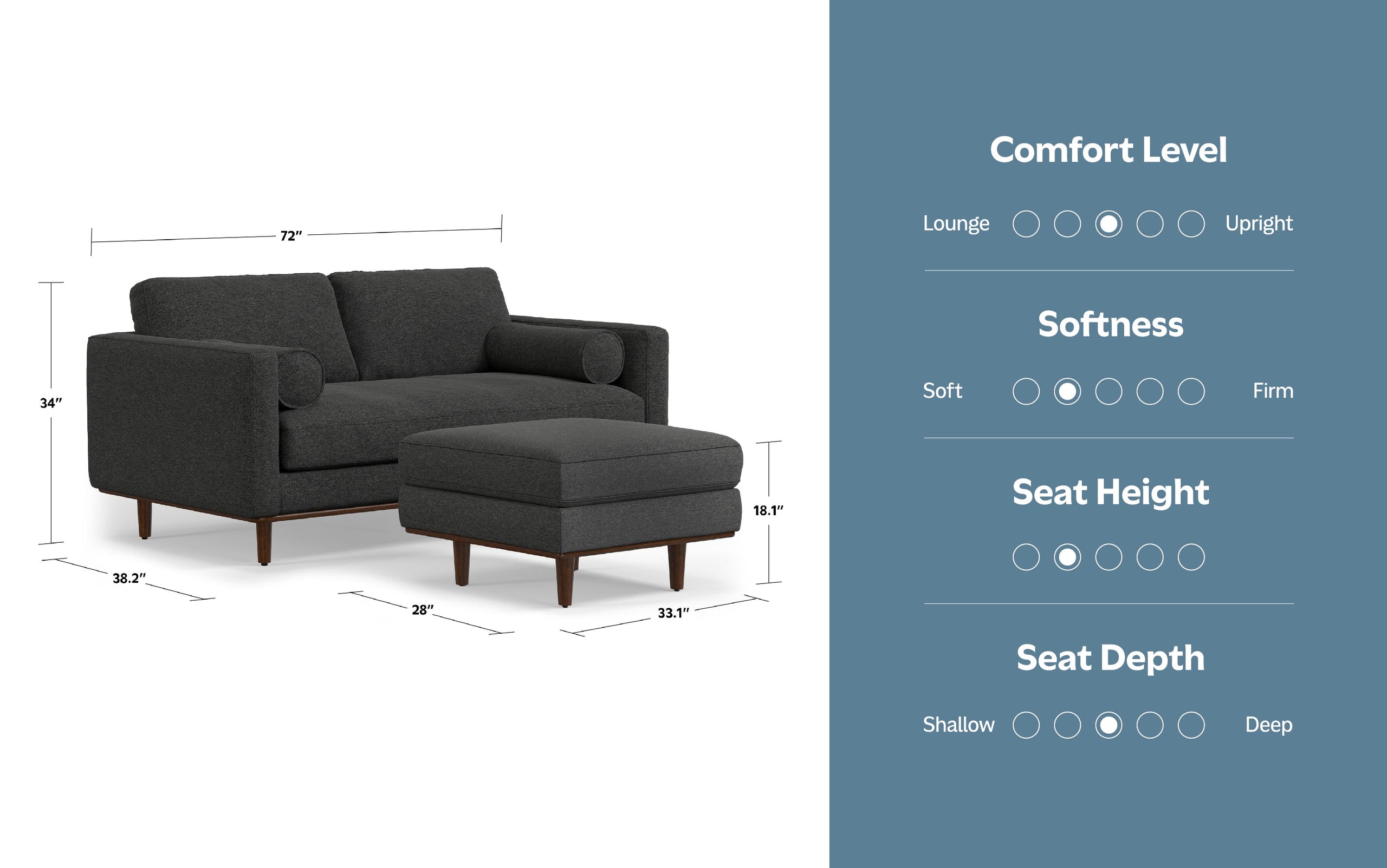 Charcoal Grey Woven-Blend Fabric | Morrison 72-inch Sofa and Ottoman Set in Woven-Blend Fabric