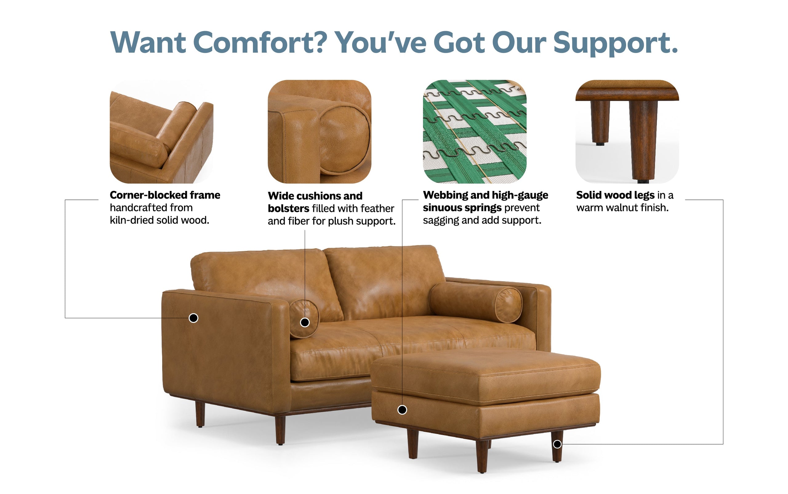 Sienna Genuine Top Grain Leather | Morrison 72-inch Sofa and Ottoman Set in Genuine Leather