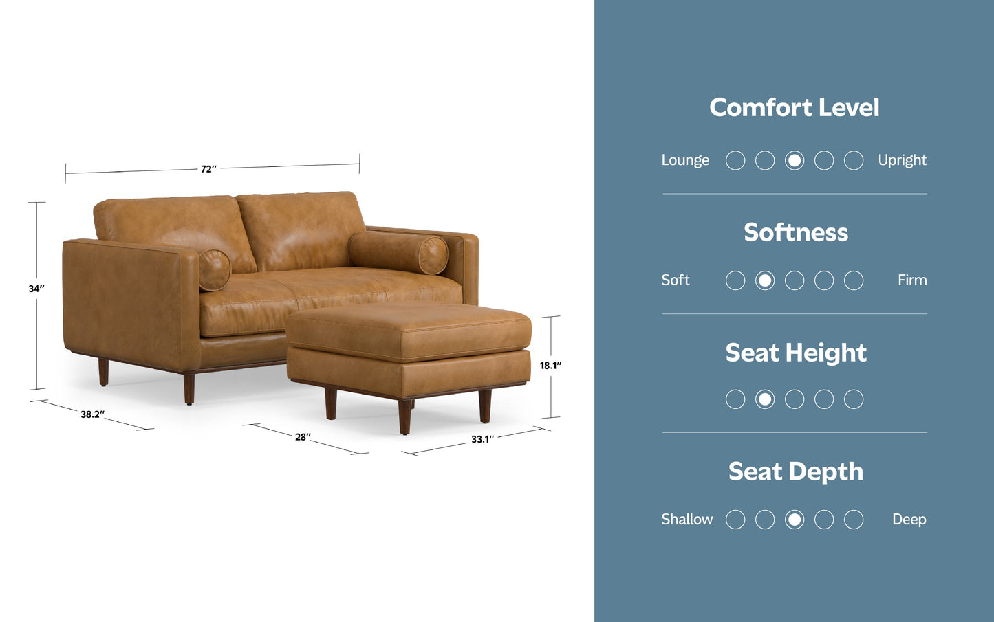 Sienna Genuine Top Grain Leather | Morrison 72-inch Sofa and Ottoman Set in Genuine Leather