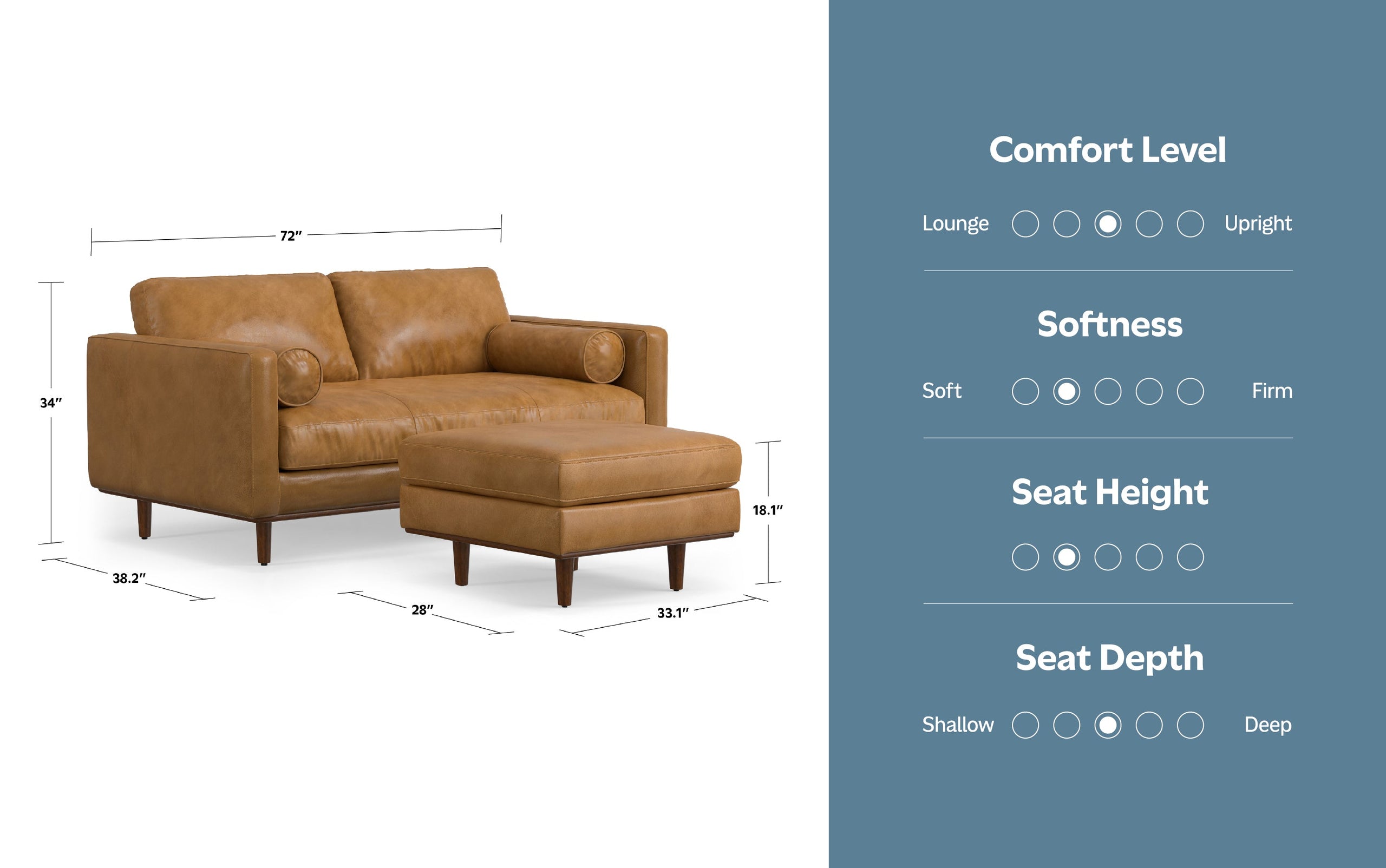 Sienna Genuine Top Grain Leather | Morrison 72-inch Sofa and Ottoman Set in Genuine Leather