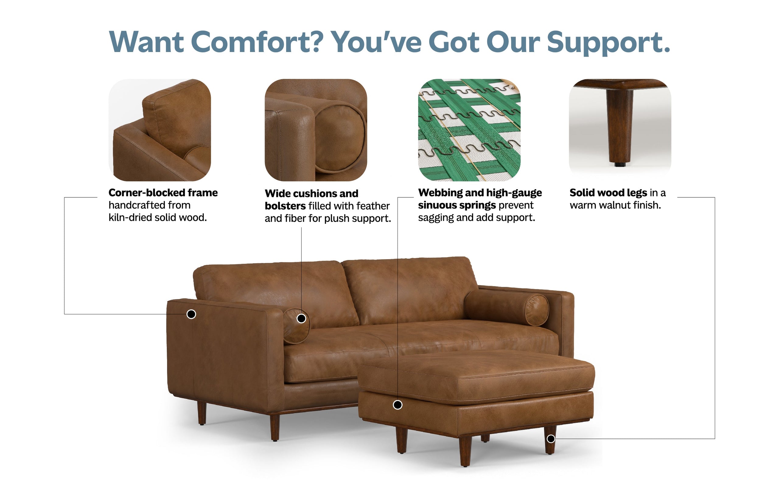Caramel Brown Genuine Top Grain Leather | Morrison 89-inch Sofa and Ottoman Set in Genuine Leather