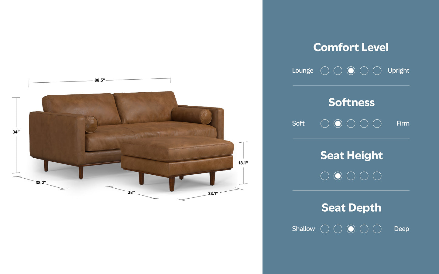 Caramel Brown Genuine Top Grain Leather | Morrison 89-inch Sofa and Ottoman Set in Genuine Leather