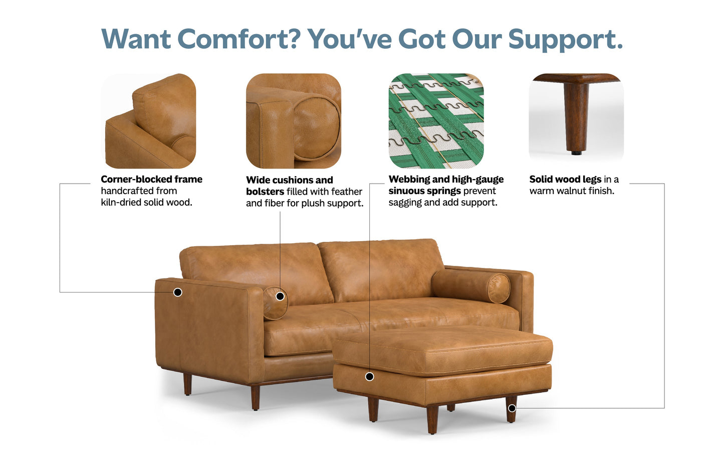 Sienna Genuine Top Grain Leather | Morrison 89-inch Sofa and Ottoman Set in Genuine Leather