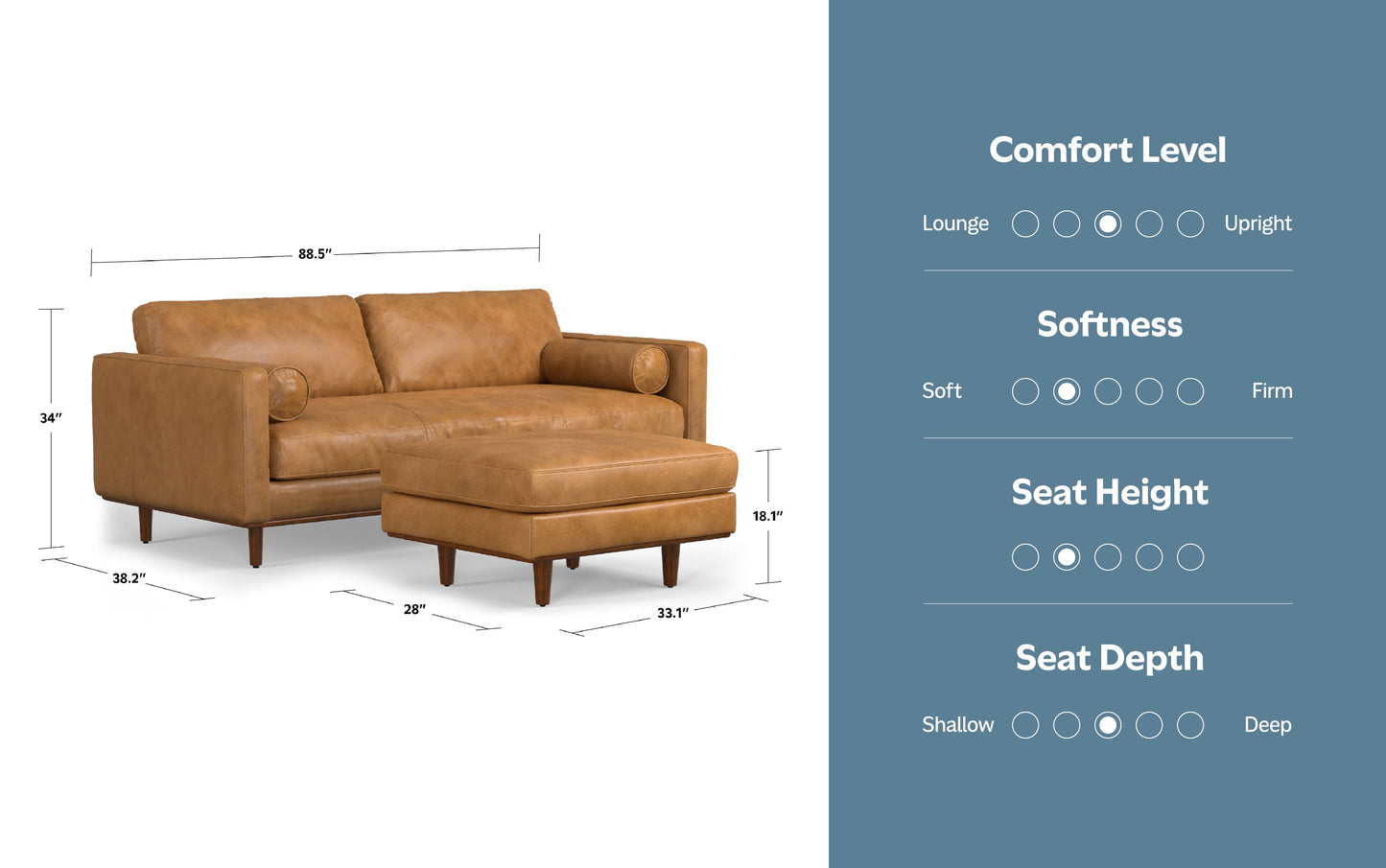 Sienna Genuine Top Grain Leather | Morrison 89-inch Sofa and Ottoman Set in Genuine Leather