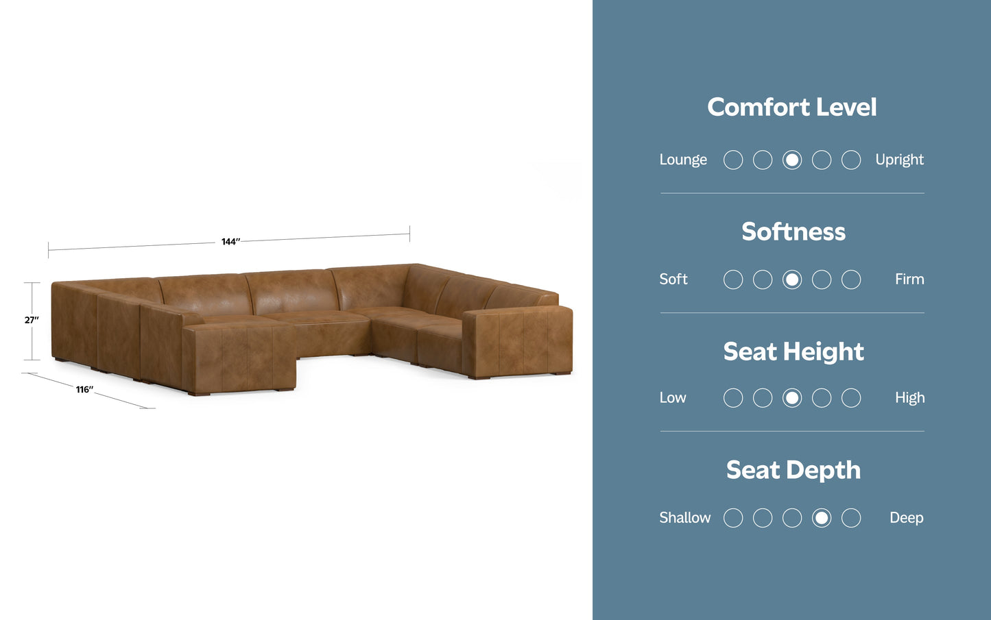 Caramel Brown Genuine Leather | Rex U-Shaped Sectional in Genuine Leather
