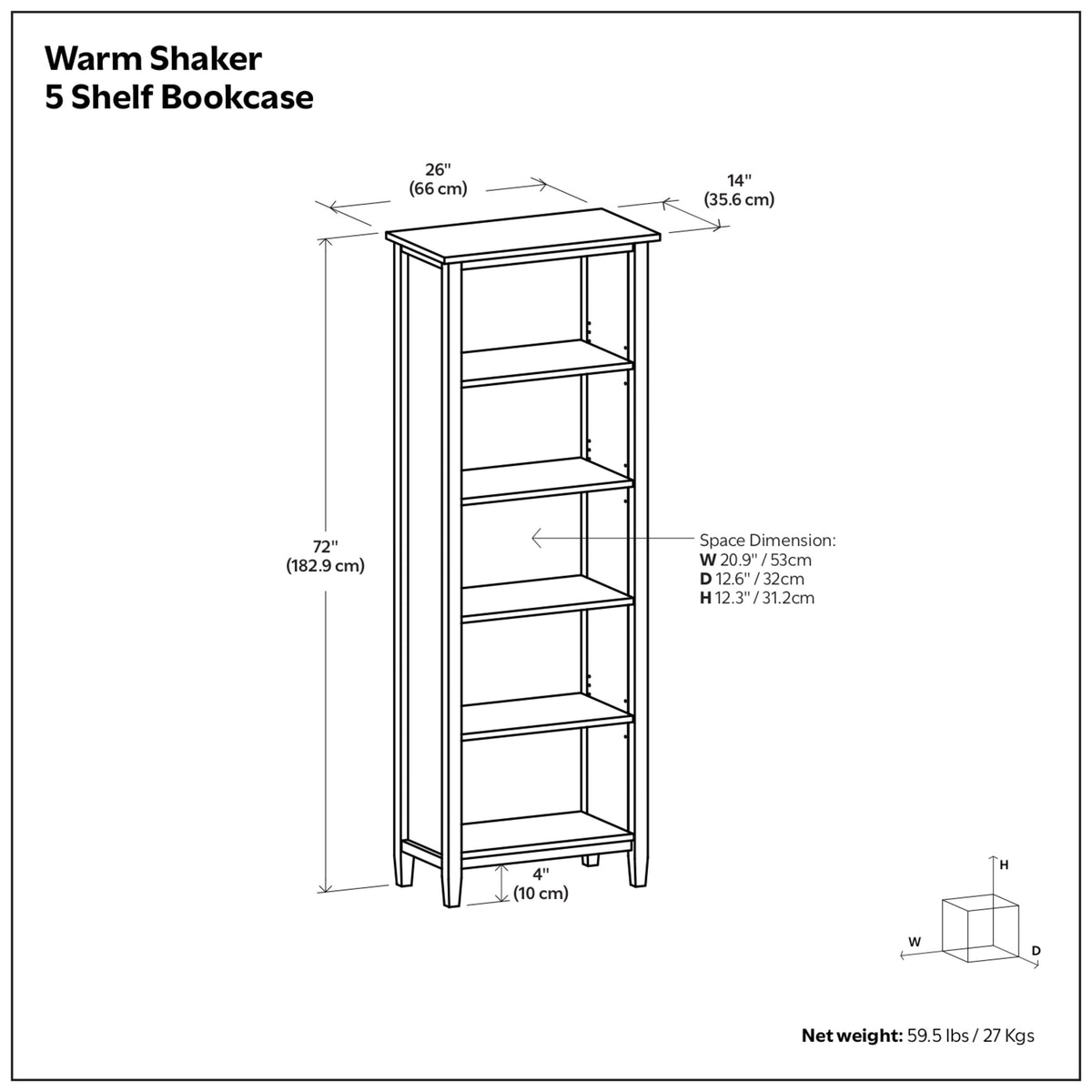 Light Golden Brown | Warm Shaker 5 Shelf Bookcase