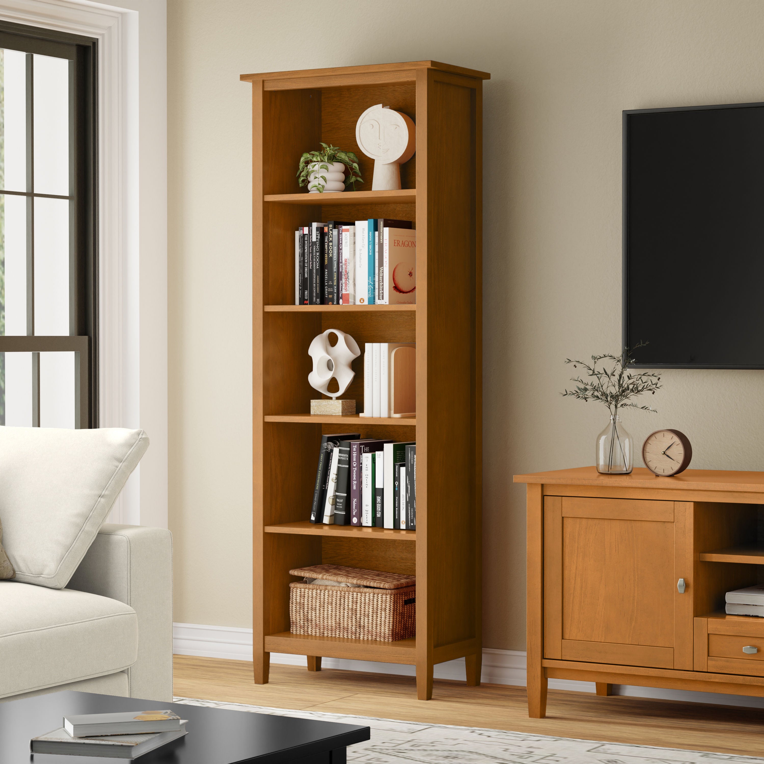Solid Wood Bookcase | Warm Shaker 5 Shelf Unit – Simpli Home