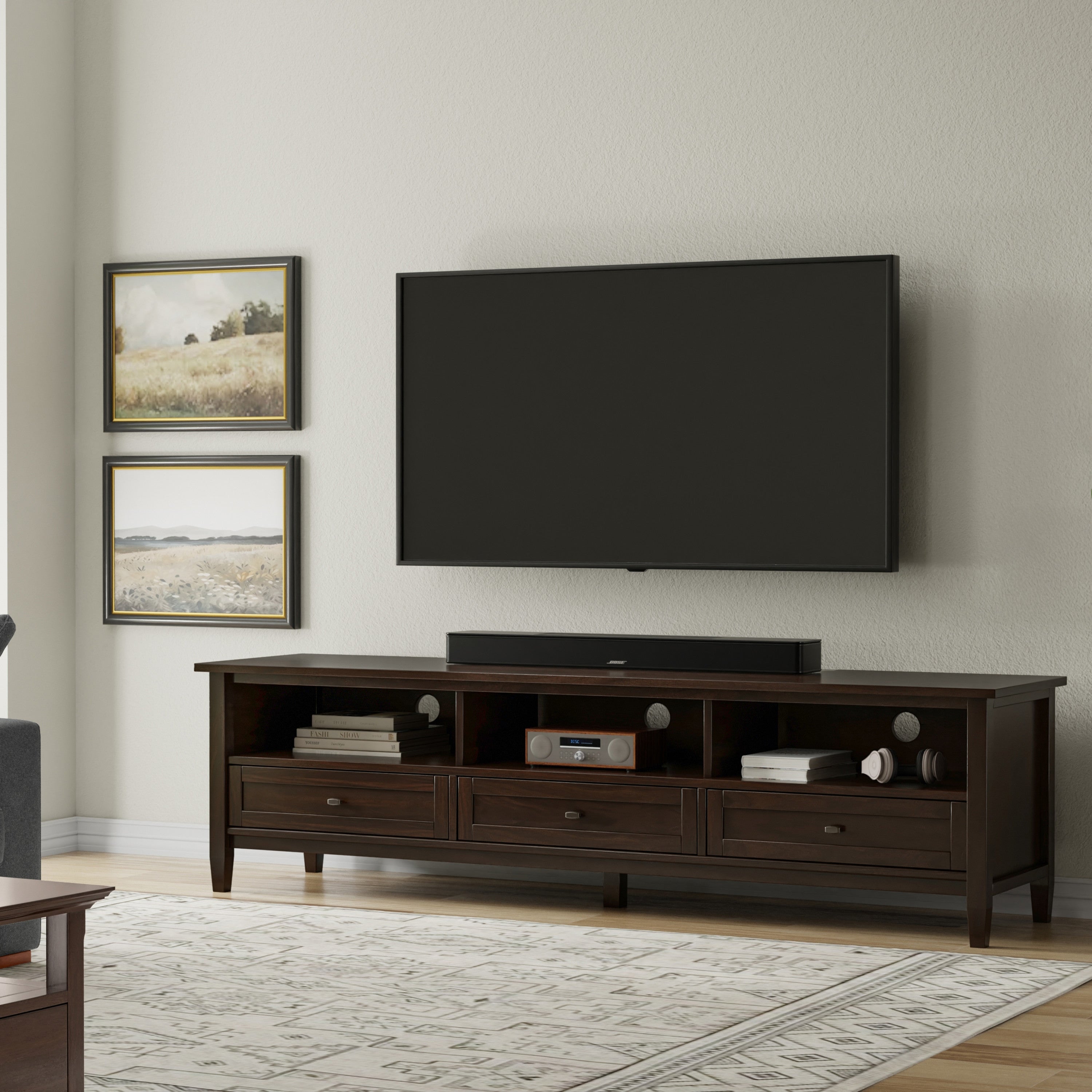 72 Inch TV Stand | Warm Shaker Low Profile Media Console – Simpli Home