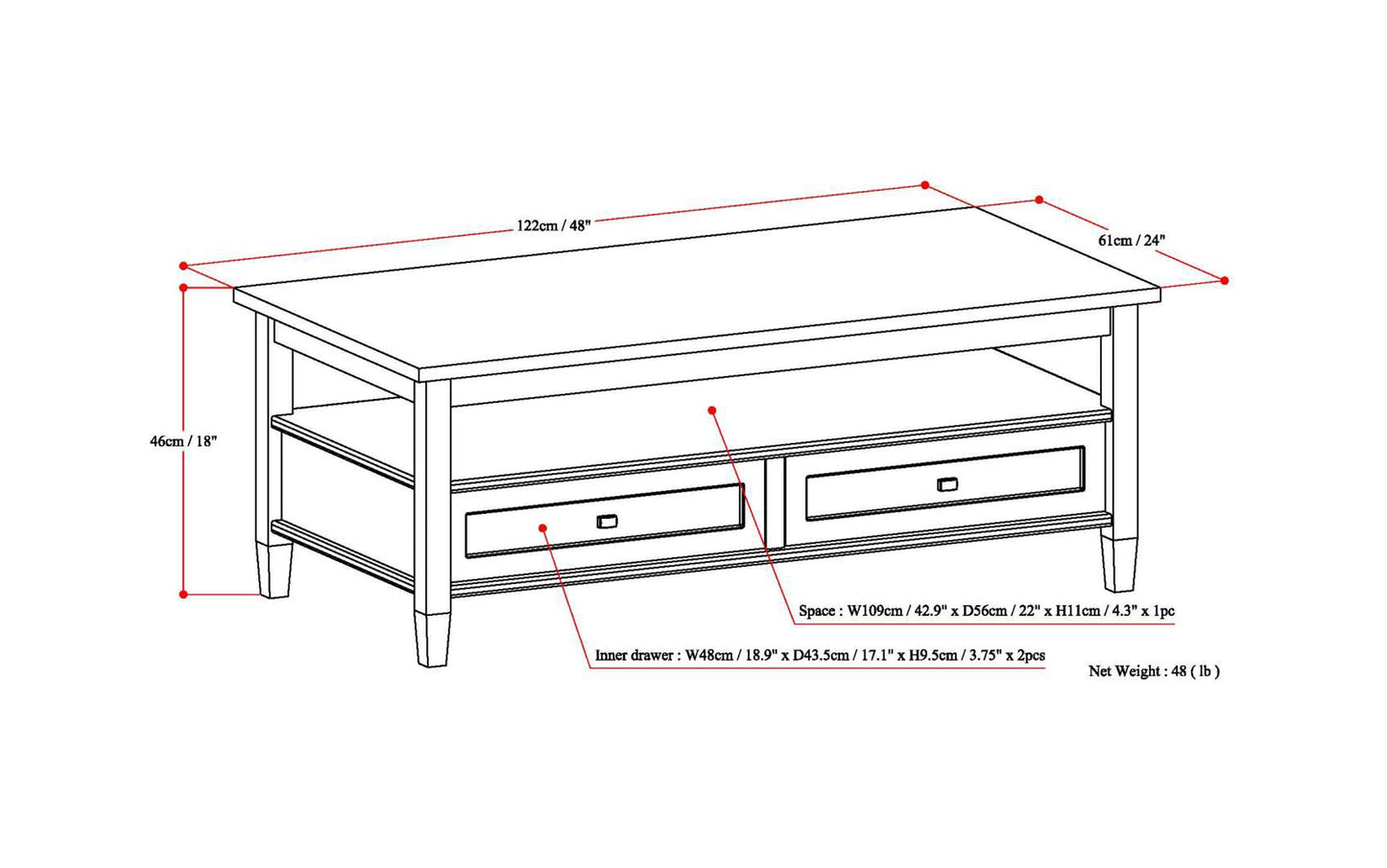 Distressed Grey | Warm Shaker 48 inch Coffee Table