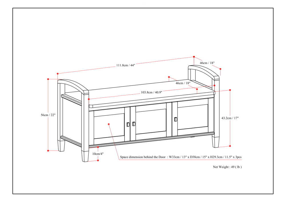 Black | Warm Shaker 44 inch Entryway Bench