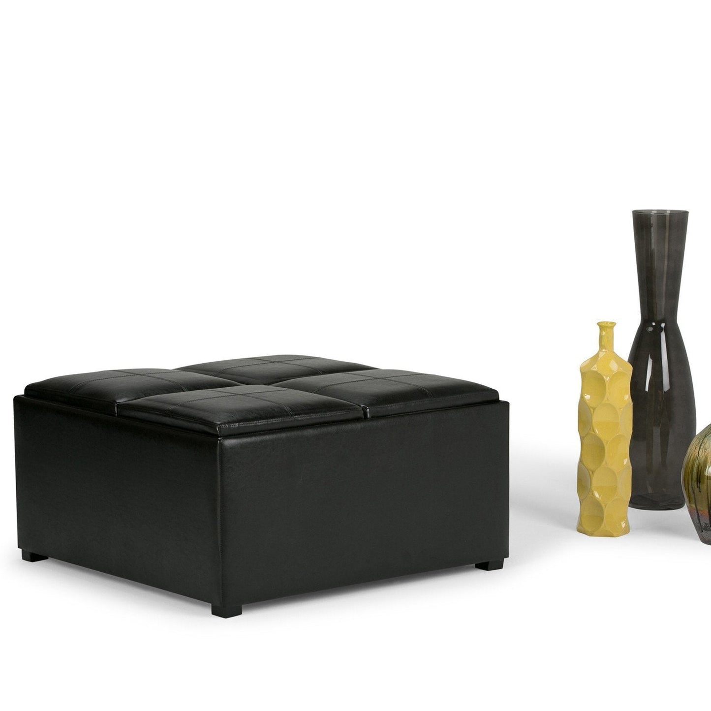 Midnight Black Vegan Leather | Avalon Vegan Leather Square Coffee Table Storage Ottoman