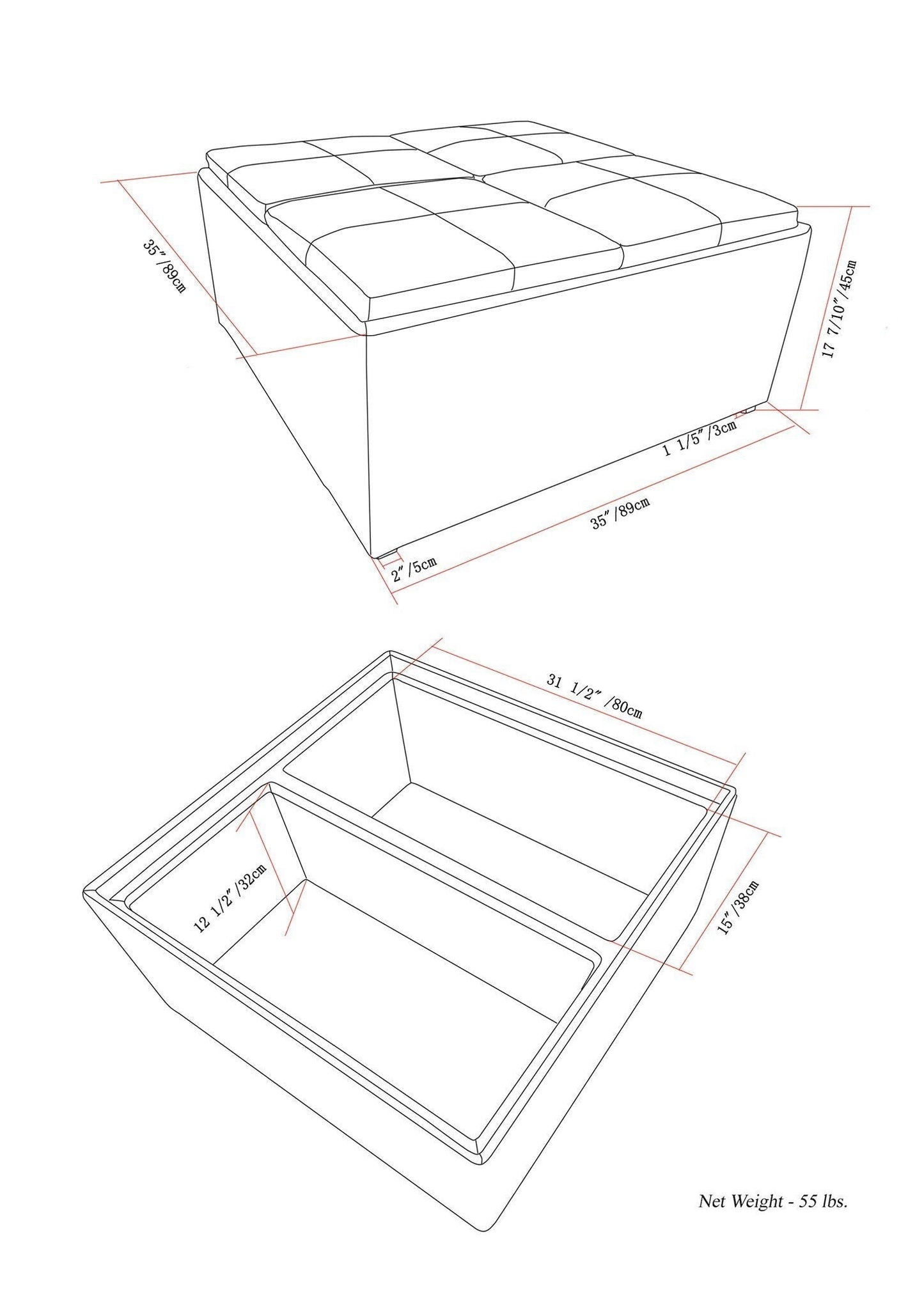 Midnight Black Vegan Leather | Avalon Vegan Leather Square Coffee Table Storage Ottoman