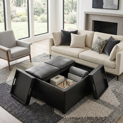 Midnight Black Vegan Leather | Avalon Table Ottoman in Vegan Leather