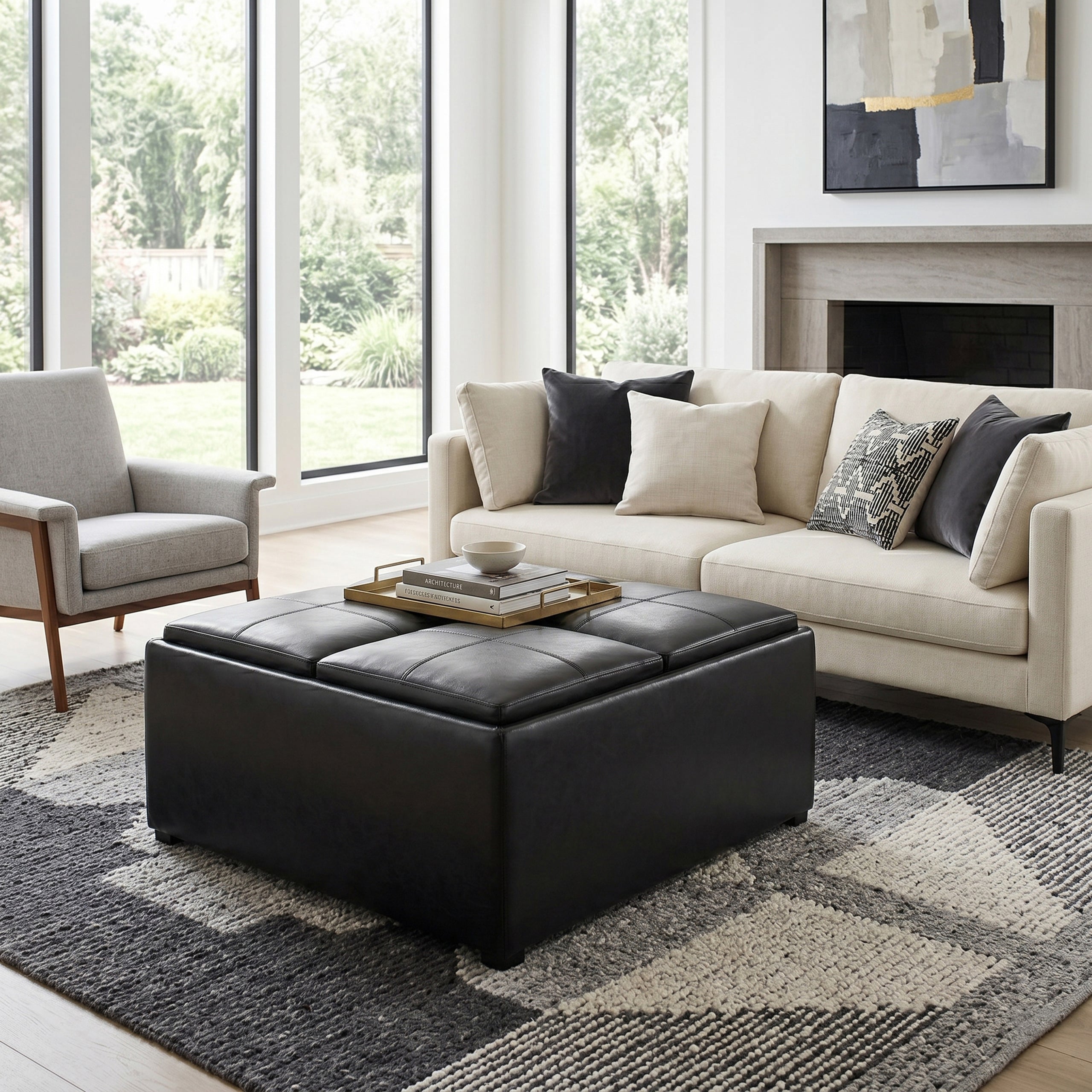 Midnight Black Vegan Leather | Avalon Table Ottoman in Vegan Leather