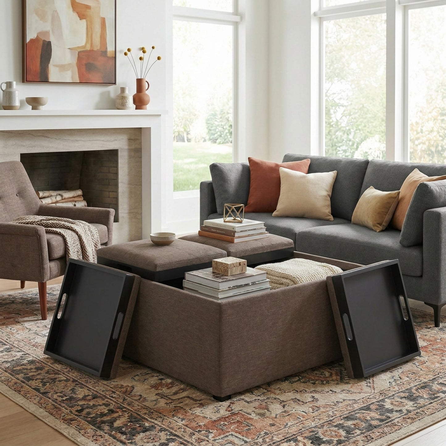 Fawn Brown Linen Style Fabric | Avalon Table Ottoman in Linen