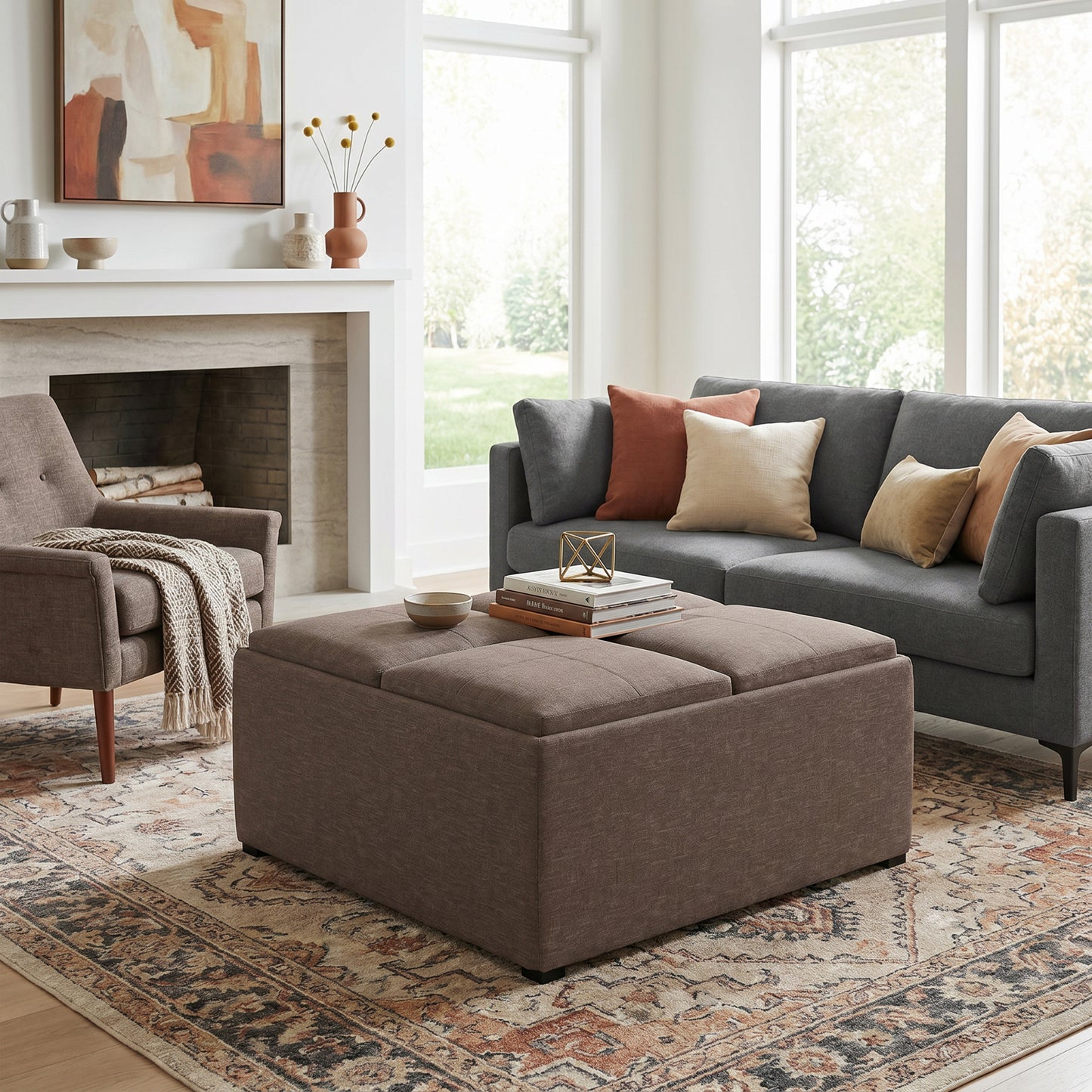 Fawn Brown Linen Style Fabric | Avalon Table Ottoman in Linen